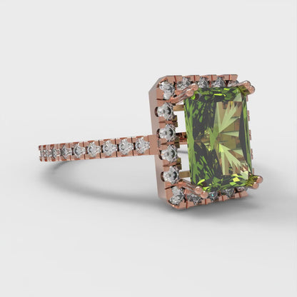 1.86 cttw Natural Peridot Solitaire with Zirconia Simulated Diamond Accents Engagement Ring - Solid Gold (Emerald Cut,7.5x5.5mm)