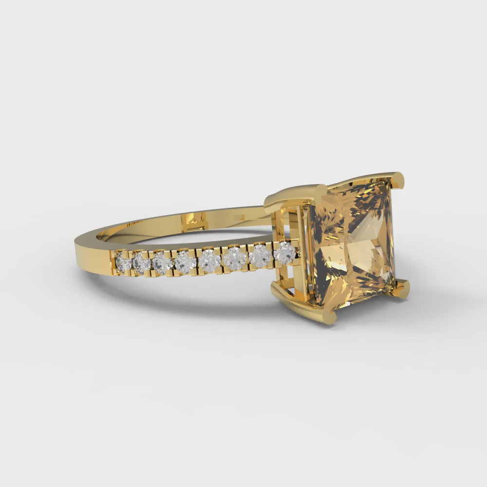 1.62 cttw Zirconia Simulated Champagne Diamond Solitaire with Zirconia Simulated Diamond Accents Engagement Ring - Solid Gold (VVS1, Princess Cut,6.5mm)