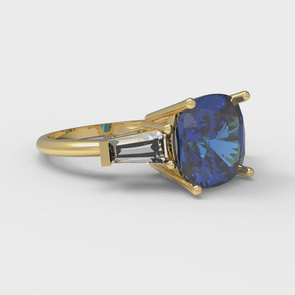3 cttw Simulated Tanzanite Three-Stone Engagement Ring - Solid Yellow Gold (VVS1, Cushion Cut,8.0mm)
