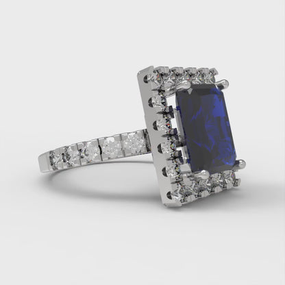 3.84 cttw Simulated Blue Sapphire Hidden Halo Engagement Ring - Solid Gold (Emerald Cut,9x7mm)