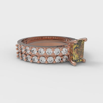 1.325 cttw Emerald Cut Natural Citrine Bridal Set - Solid Rose Gold Engagement Ring & Wedding Band