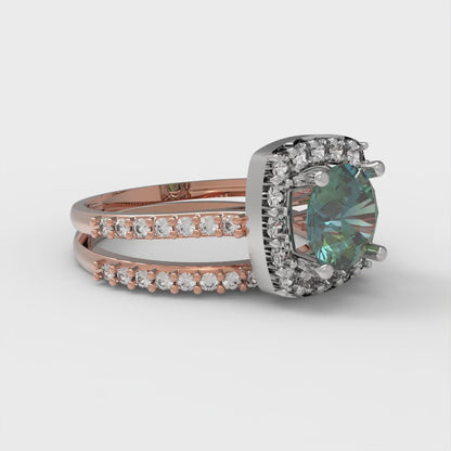 1.495 cttw Round Cut Blue Moissanite Bridal Set - Solid Rose/White Gold Engagement Ring & Wedding Band