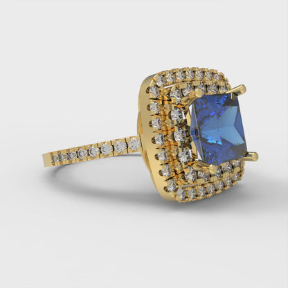 2.07 cttw Simulated Tanzanite Hidden Halo Engagement Ring - Solid Yellow Gold (VVS1, Princess Cut,6.5mm)