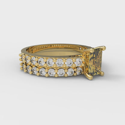 1.325 cttw Emerald Cut Natural Citrine Bridal Set - Solid Yellow Gold Engagement Ring & Wedding Band