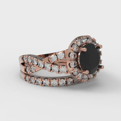 1.795 cttw Round Cut Natural Onyx Bridal Set - Solid Rose Gold Engagement Ring & Wedding Band