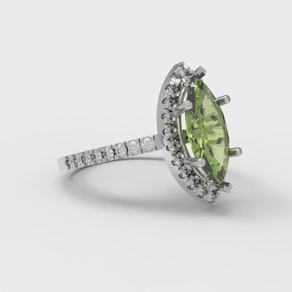 2.38 cttw Natural Peridot Hidden Halo Engagement Ring - Solid White Gold  (VVS1, Marquise Cut,12x6mm )