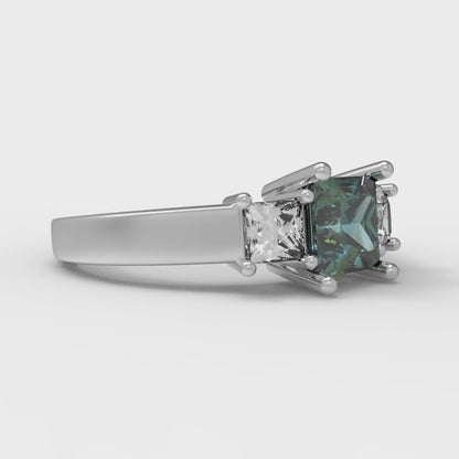 1.11 cttw Blue Moissanite Three-Stone Engagement Ring - Solid White Gold (VVS1, Princess Cut,5.0mm)
