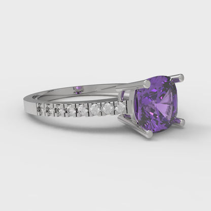 2.7 cttw Simulated Alexandrite Solitaire with Zirconia Simulated Diamond Accents Engagement Ring - Solid Gold (Cushion Cut,6.5mm)