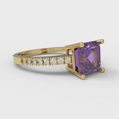 2.7 cttw Simulated Alexandrite Solitaire with Zirconia Simulated Diamond Accents Engagement Ring - Solid Yellow Gold (VVS1, Asscher Cut,6.5mm)
