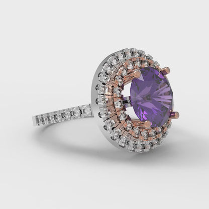 2.6 cttw Natural Amethyst Hidden Halo Engagement Ring - Solid White/Rose Gold (VVS1, Round Cut,8.0mm)