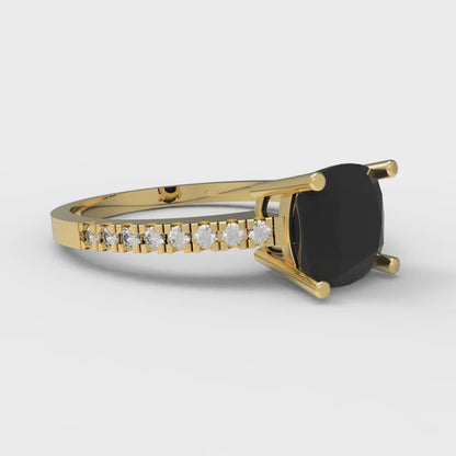 2.7 cttw Natural Onyx Solitaire with Zirconia Simulated Diamond Accents Engagement Ring - Solid Gold (Cushion Cut,6.5mm)