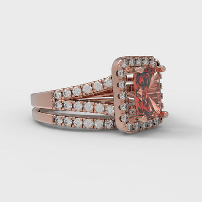 1.72 cttw Emerald Cut Simulated Red Diamond Bridal Set - Solid Rose Gold Engagement Ring & Wedding Band