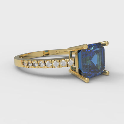 2.7 cttw Simulated Tanzanite Solitaire with Zirconia Simulated Diamond Accents Engagement Ring - Solid Yellow Gold (VVS1, Asscher Cut,6.5mm)