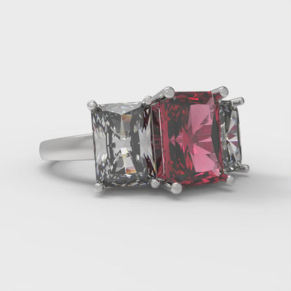 4 cttw Simulated Pink Tourmaline Three-Stone Engagement Ring - Solid Gold (Emerald Cut,8x6mm)
