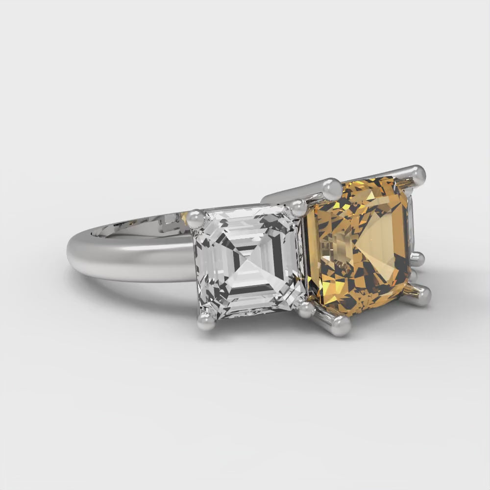 4 cttw Zirconia Simulated Champagne Diamond Three-Stone Engagement Ring - Solid Gold (VVS1, Square Emerald Cut,7.0X7.0mm)