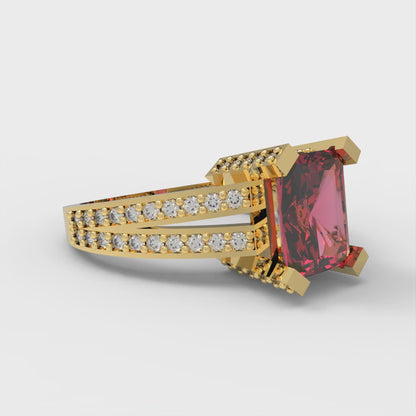 2.45 cttw Simulated Pink Tourmaline Solitaire with Zirconia Simulated Diamond Accents Engagement Ring - Solid Yellow Gold (VVS1, Emerald Cut,8x6mm)