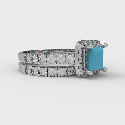1.56 cttw Princess Cut Simulated Turquoise Bridal Set - Solid White Gold Engagement Ring & Wedding Band