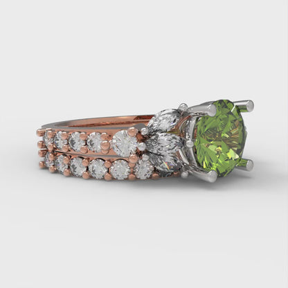 2.94 cttw Round Cut Natural Peridot Bridal Set - Solid Rose/White Gold Engagement Ring & Wedding Band