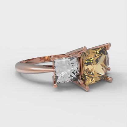 2.5 cttw Zirconia Simulated Champagne Diamond Three-Stone Engagement Ring - Solid Gold (VVS1, Princess Cut,6.5 mm)