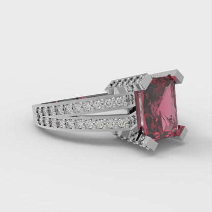 2.35 cttw Simulated Ruby Solitaire with Zirconia Simulated Diamond Accents Engagement Ring - Solid White Gold (VVS1, Emerald Cut,8x6mm)