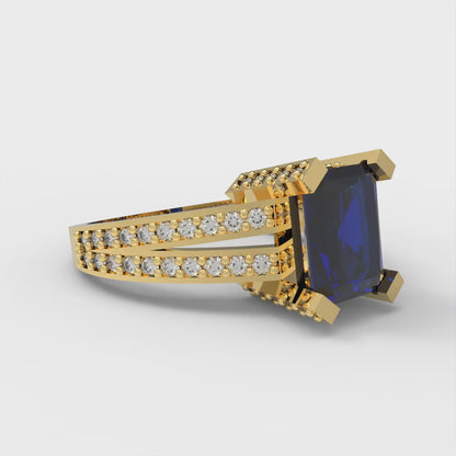 2.45 cttw Simulated Blue Sapphire Solitaire with Zirconia Simulated Diamond Accents Engagement Ring - Solid Gold (Emerald Cut,8x6mm)