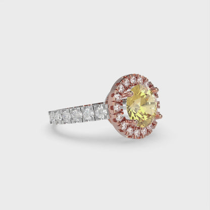 1.86 cttw Yellow Moissanite Solitaire with Zirconia Simulated Diamond Accents Engagement Ring - Solid White/Rose Gold (VVS1, Round Cut,7.5mm)