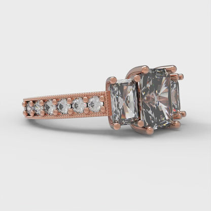 1.88 cttw Zirconia Simulated Diamond Three-Stone Engagement Ring - Solid Rose Gold (VVS1, Emerald Cut,7x5mm)