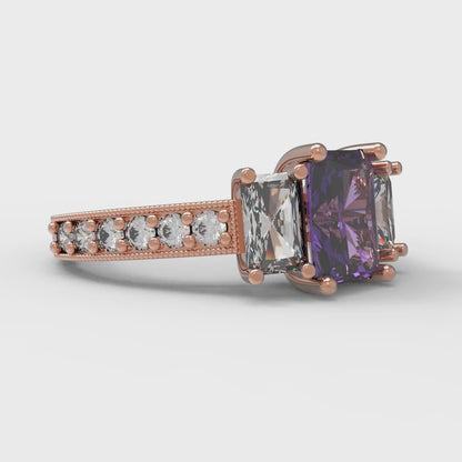 1.88 cttw Natural Amethyst Three-Stone Engagement Ring - Solid Gold (Emerald Cut,7x5mm)