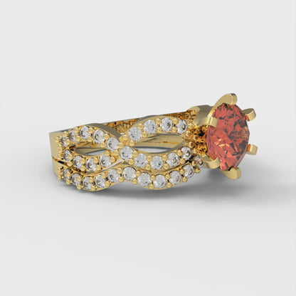 1.57 cttw Round Cut Simulated Red Diamond Bridal Set - Solid Yellow Gold  Engagement Ring & Wedding Band