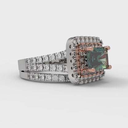 3.05 cttw Emerald Cut Blue Moissanite Bridal Set - Solid White/Rose Gold Engagement Ring & Wedding Band