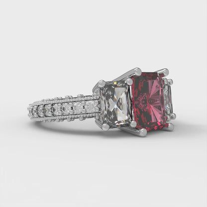 3.61 cttw Simulated Ruby Three-Stone Engagement Ring - Solid Gold (Emerald Cut,8x6mm)