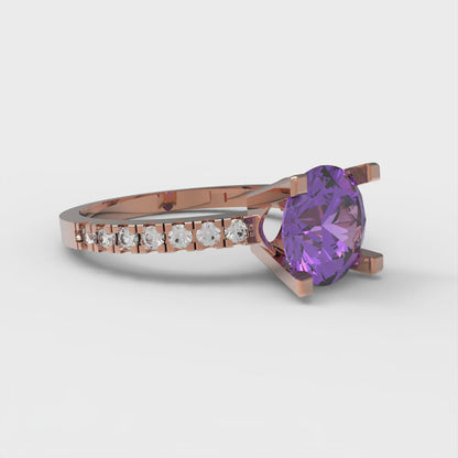 1.71 cttw Simulated Alexandrite Solitaire with Zirconia Simulated Diamond Accents Engagement Ring - Solid Rose Gold (VVS1, Round Cut,7.5mm)