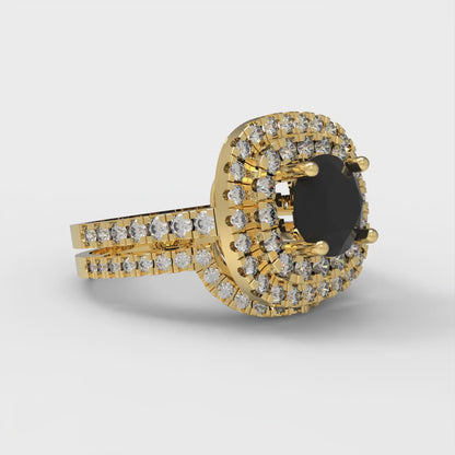 1.7825 cttw Round Cut Natural Onyx Bridal Set - Solid Yellow Gold Engagement Ring & Wedding Band