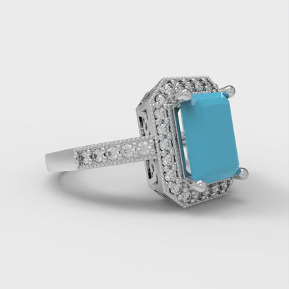 2.78 cttw Simulated Turquoise Hidden Halo Engagement Ring - Solid White Gold (VVS1, Emerald Cut,8.5x6.5mm)