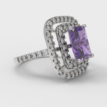 2.62 cttw Simulated Alexandrite Hidden Halo Engagement Ring - Solid White Gold (VVS1, Emerald Cut,8X6.0mm)