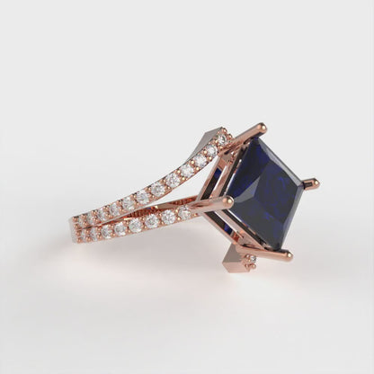 2.3075 cttw Simulated Blue Sapphire Solitaire with Zirconia Simulated Diamond Accents Engagement Ring - Solid Rose Gold (VVS1, Princess Cut,7.0mm)