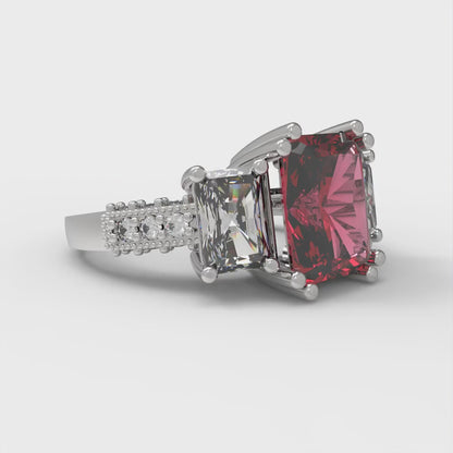 4.27 cttw Simulated Pink Tourmaline Three-Stone Engagement Ring - Solid Gold (Emerald Cut,9x7mm)