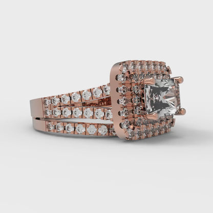 3.05 cttw Emerald Cut Moissanite Bridal Set - Solid Rose Gold Engagement Ring & Wedding Band