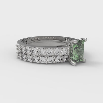 1.325 cttw Emerald Cut Simulated Green Diamond Bridal Set - Solid White Gold Engagement Ring & Wedding Band