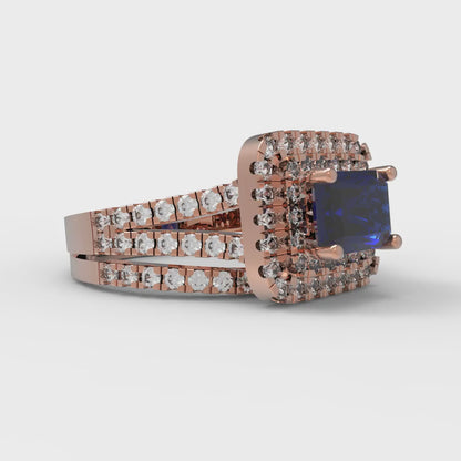 3.05 cttw Emerald Cut Simulated Blue Sapphire Bridal Set - Solid Rose Gold Engagement Ring & Wedding Band