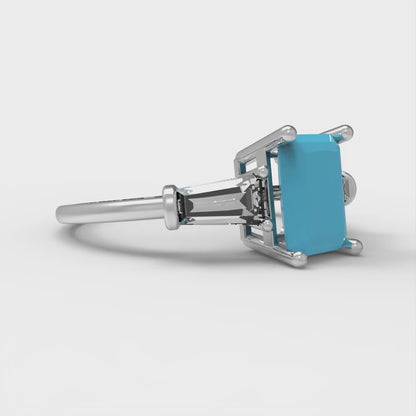 1.5 cttw Simulated Turquoise Three-Stone Engagement Ring - Solid Gold (Emerald Cut,7.0x5.0mm)