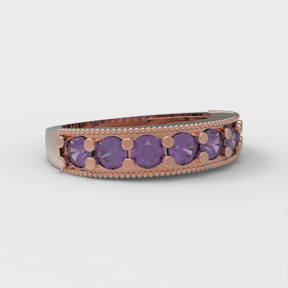 0.81 cttw Natural Amethyst Round Cut Rose Gold Eternity Wedding Band