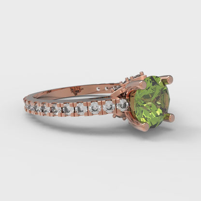 1.465 cttw Natural Peridot Solitaire with Zirconia Simulated Diamond Accents Engagement Ring - Solid Gold (Round Cut,6.5mm)