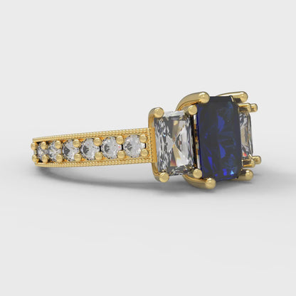 1.88 cttw Simulated Blue Sapphire Three-Stone Engagement Ring - Solid Gold (Emerald Cut,7x5mm)