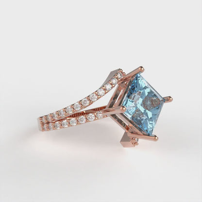 2.3075 cttw Natural Swiss Blue Topaz Solitaire with Zirconia Simulated Diamond Accents Engagement Ring - Solid Rose Gold (VVS1, Princess Cut,7.0mm)