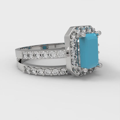 1.92 cttw Simulated Turquoise Solitaire with Zirconia Simulated Diamond Accents Engagement Ring - Solid Gold (Emerald Cut,7.5X5.5mm)