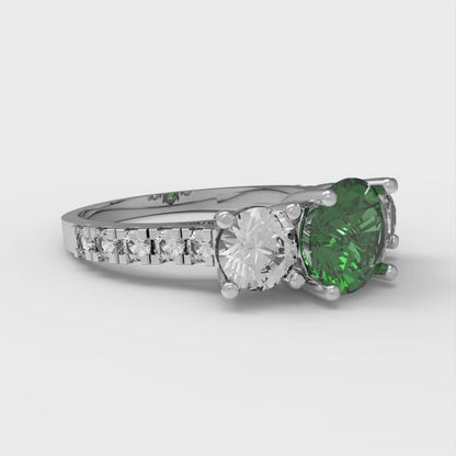 1.97 cttw Simulated Emerald Three-Stone Engagement Ring - Solid Gold (Round Cut,6.5mm)