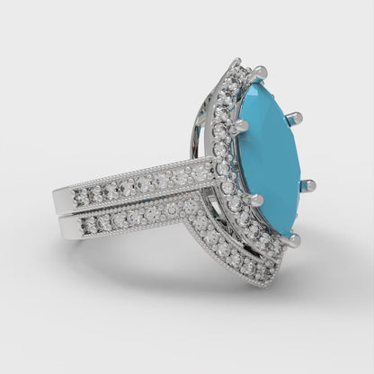 2.4875 cttw Marquise Cut Simulated Turquoise Bridal Set - Solid White Gold Engagement Ring & Wedding Band