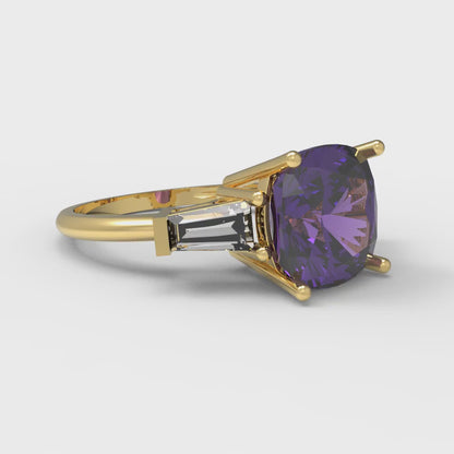 3 cttw Natural Amethyst Three-Stone Engagement Ring - Solid Gold (Cushion Cut,8.0mm)