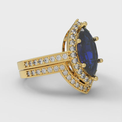2.4875 cttw Marquise Cut Simulated Blue Sapphire Bridal Set - Solid Yellow Gold Engagement Ring & Wedding Band